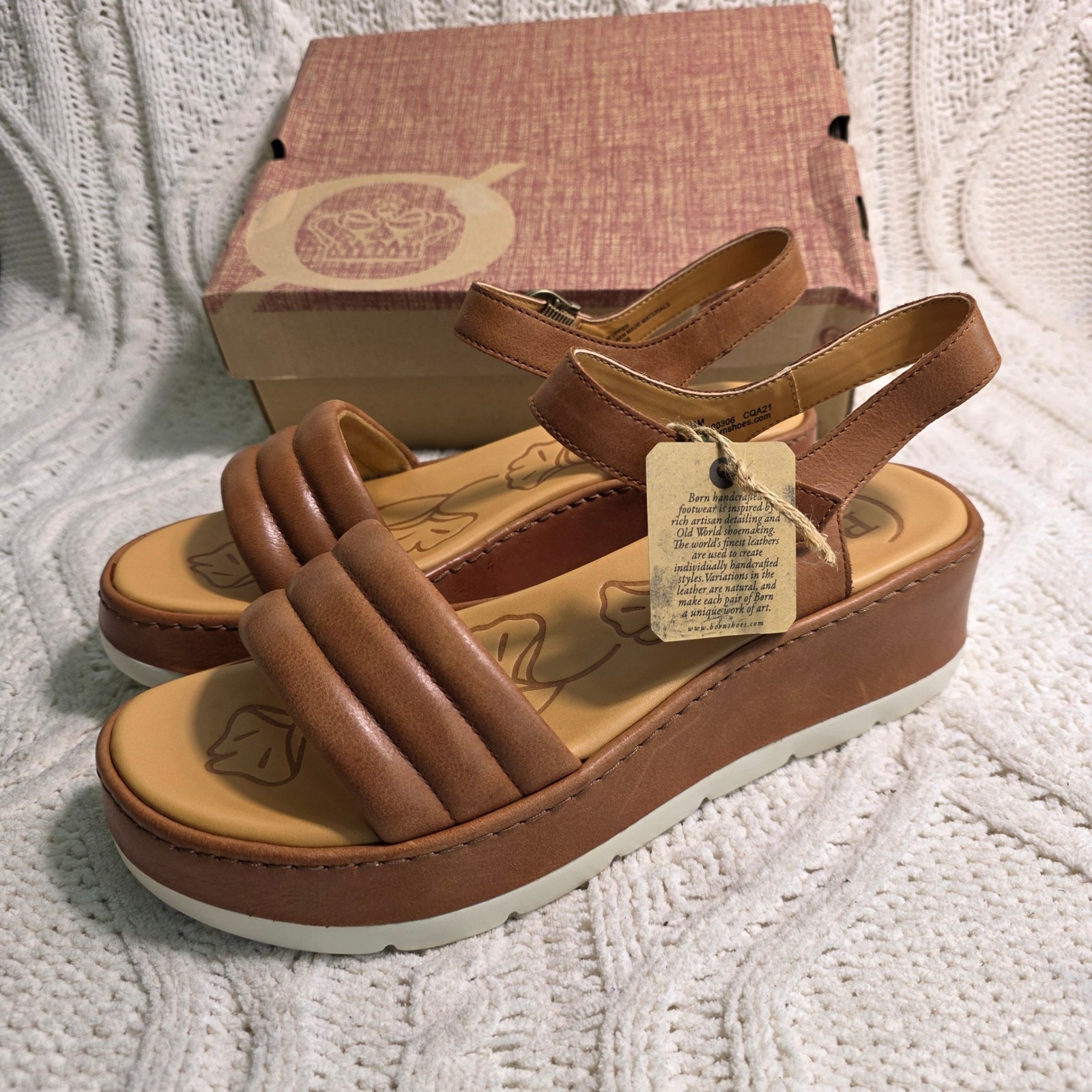 Born Faro Sandals Brown Cognac Leather Platform Wedge Womens 11 New